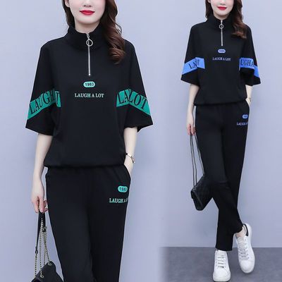阔太太休闲时尚套装女夏天新款洋气减龄中年妈妈运动服大码两件套