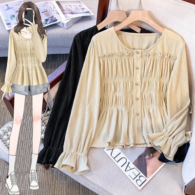 大码春秋款法式复古褶皱木耳边衬衫女遮肚子洋气长袖锁骨方领上衣