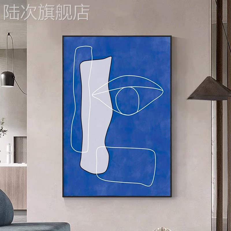 蓝色抽象客厅装饰画沙发背景墙线条高级感艺术竖版单幅高档挂画