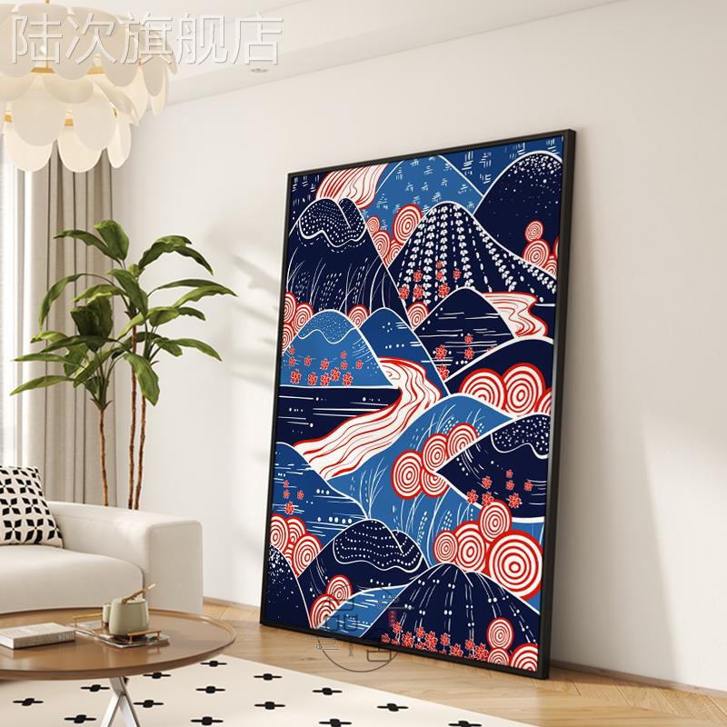 线条几何入户玄关壁画抽象山水风景客厅装饰画中古风卧室餐厅挂画图片