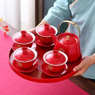 中式 婚庆红色结婚礼品茶具套装 新人陪嫁改口敬茶杯陶瓷茶壶喜茶碗