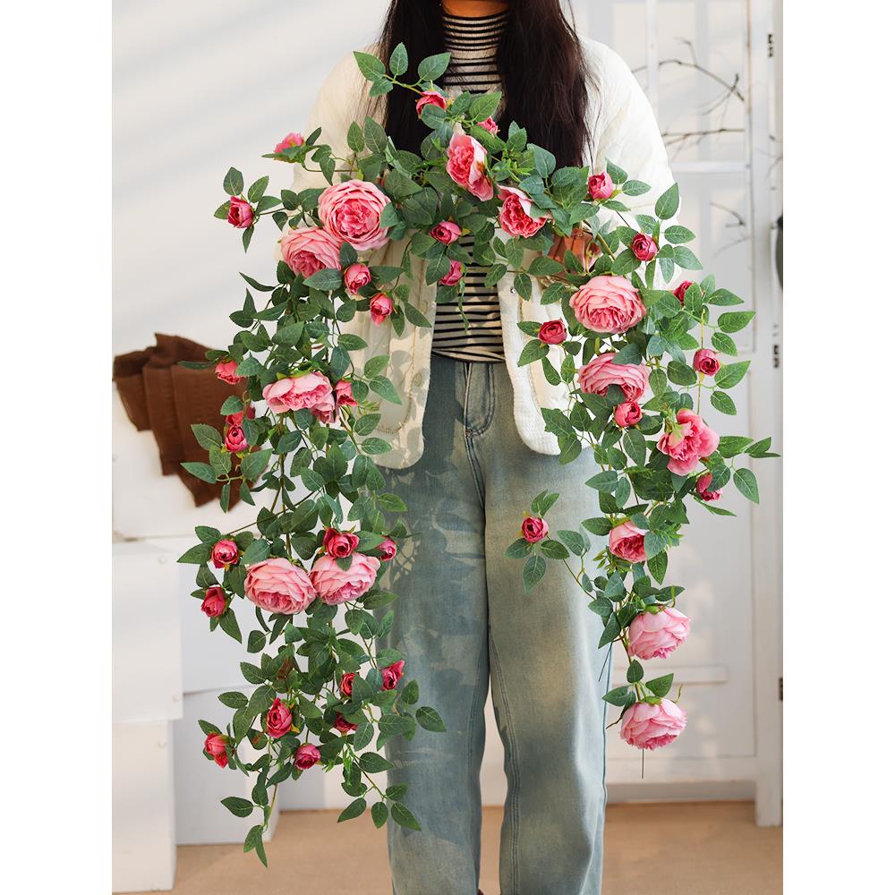 仿真玫瑰花藤假花塑料藤条空调管道缠绕藤蔓装饰遮挡吊顶花条植物