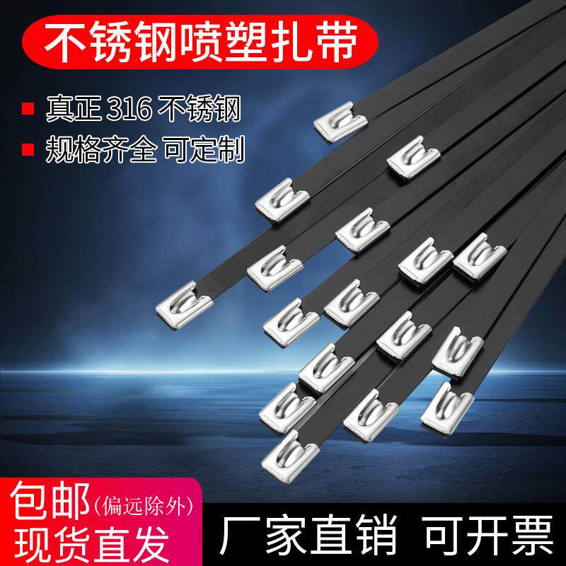 黑色316喷塑不锈钢扎带4.6mm/8mm自锁束线带桥架电缆金属扎丝船用