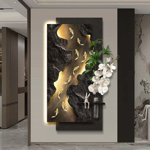 轻奢高级九鱼图玄关装饰画入户正对门挂画水培绿植走廊过道砂岩画