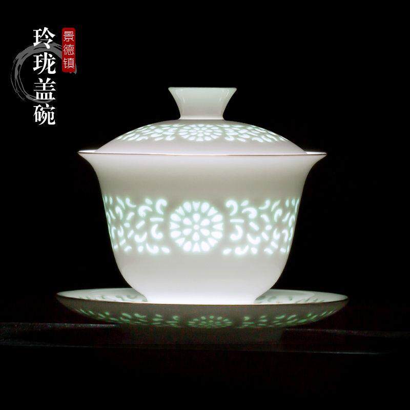景德镇手工描金玲珑盖碗