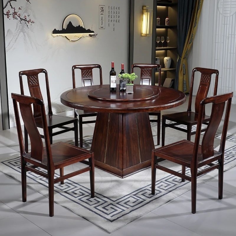 乌金木餐桌椅新中式家庭小户型客厅用饭桌中式古典家用实木圆桌