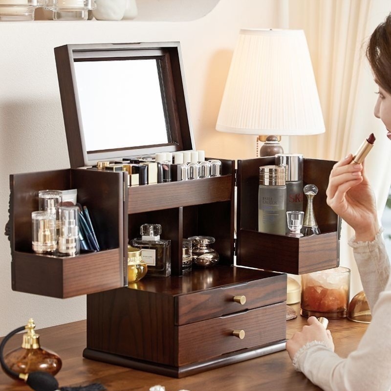 化妆收纳盒木质多层一体首饰盒梳妆台卧室桌上防尘古典置物架护肤