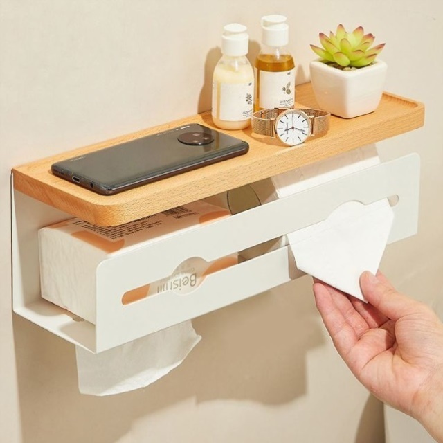 实木抽纸盒卫生间免打孔置物架浴室原木风纸巾盒厕所壁挂式纸巾架