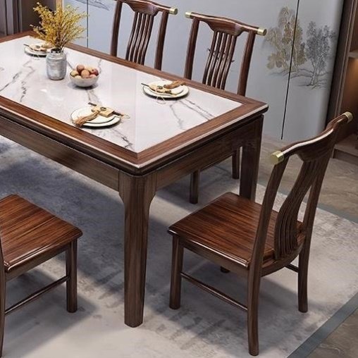 新中式乌金色餐桌椅家用组合简约现代小户型饭桌实木长方形桌子