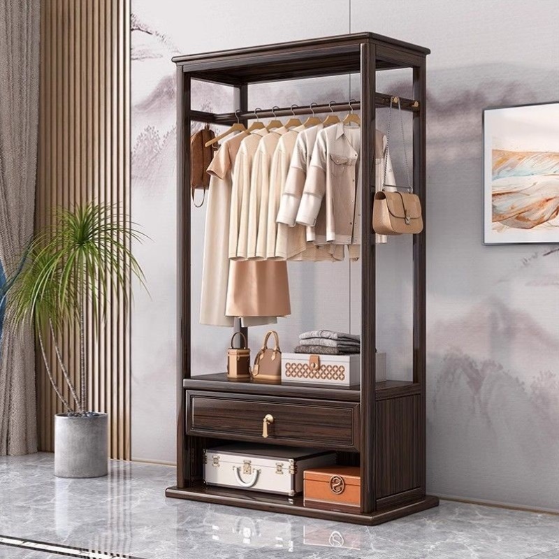 新中式乌金木全实木衣帽架落地卧室置物架穿衣镜一体可旋转挂衣架