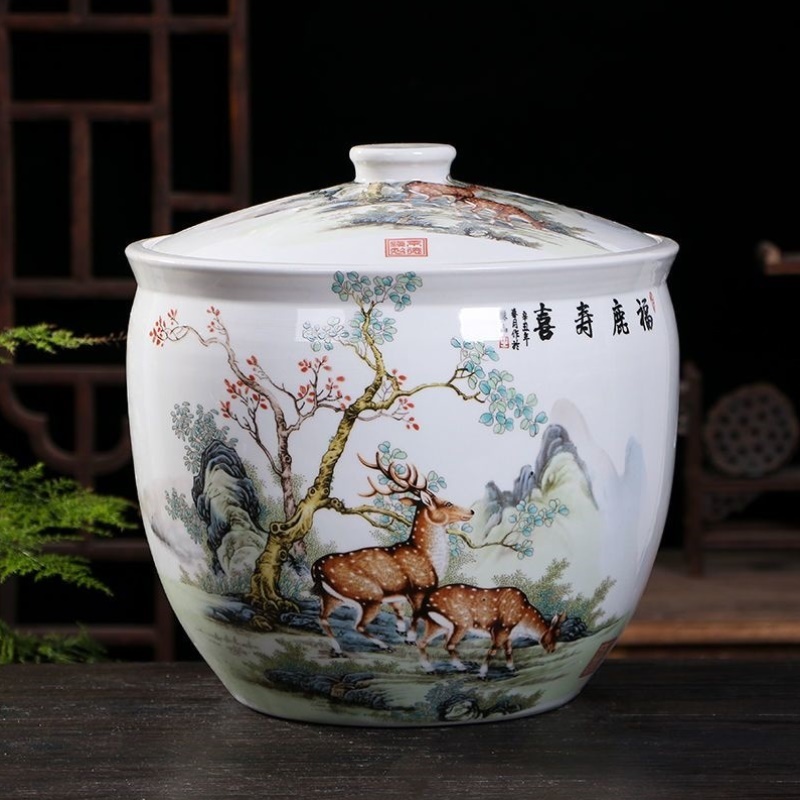景德镇陶瓷米缸10/20/30斤存储猪油罐防虫防潮带盖家用密封装米桶