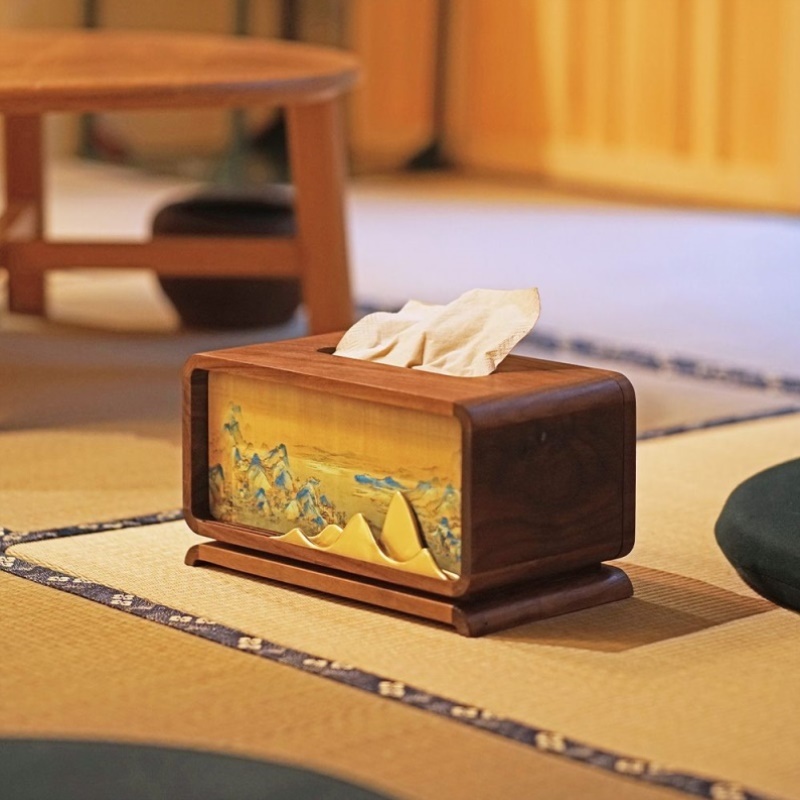 新中式纸巾盒高级实木黑胡桃木摆件中国风桌面轻奢茶几高档抽纸盒