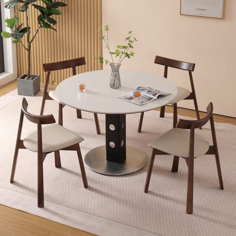 古风北欧实木岩板圆形圆桌餐桌法式家用复古小户型简约饭桌餐桌椅