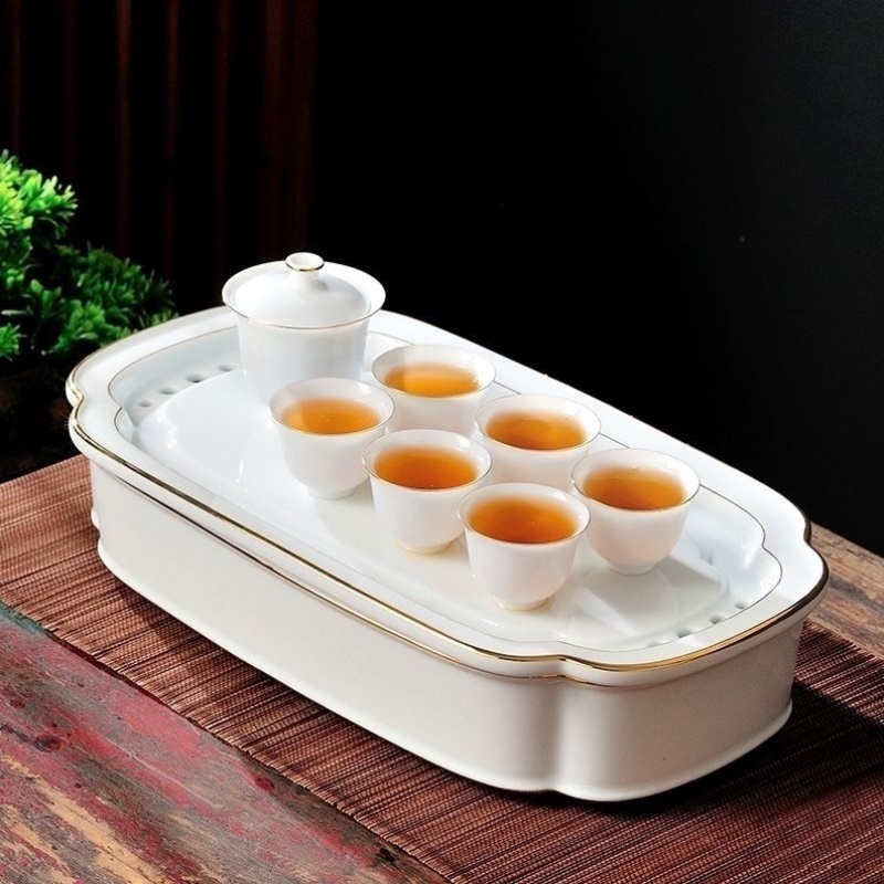 创意茶盘轻奢羊脂玉瓷长方茶盘茶具套装家用盖碗陶瓷茶杯14寸托盘