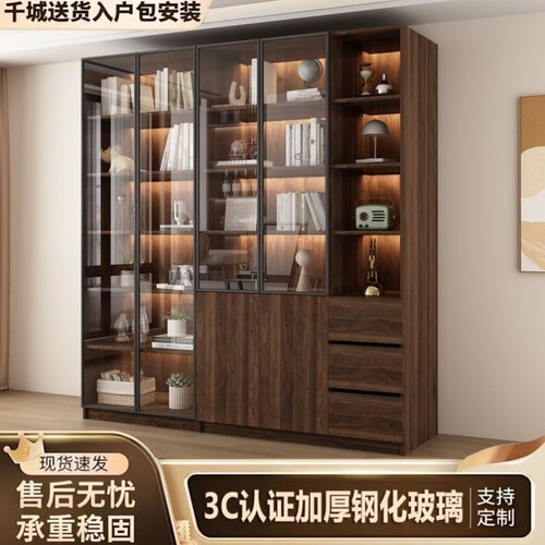 书柜家用一体整墙到顶书橱玻璃门防尘收纳储物柜办公室档案收纳柜