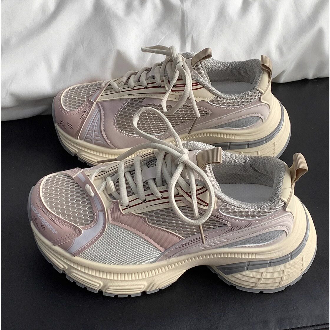 时尚米杏色网面透气老爹鞋女2026新款潮流女鞋厚底增高运动休闲鞋