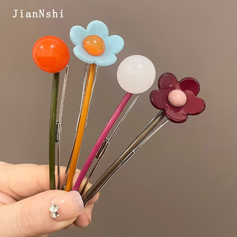 韩系圆球糖果色小花撞色青蛙扣发夹女高级感后脑勺气质盘发一字夹