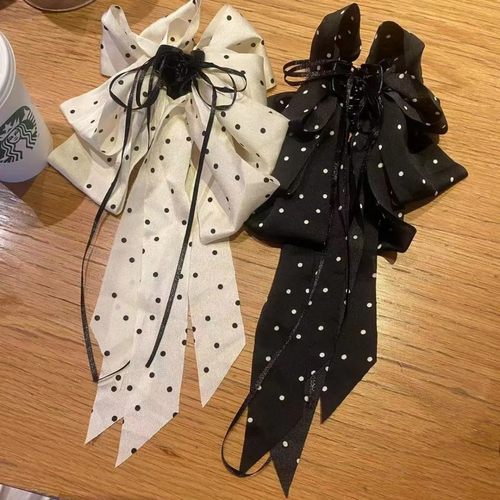 蝴蝶结长飘带波点抓夹女2025新款高级感后脑勺高马尾半扎发夹头饰