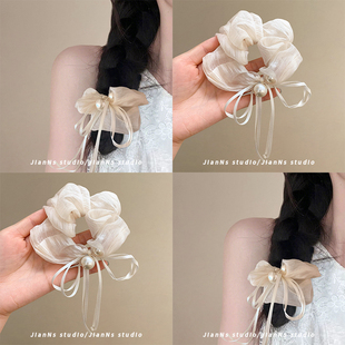 超仙蝴蝶结飘带珍珠大肠发圈女2025新款 森系少女发饰头花扎发皮筋