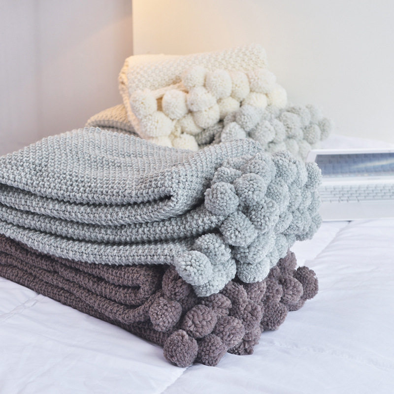 北欧纯色球球毯 ins风格毯子腈纶毛线 创意家居沙发午睡盖毯