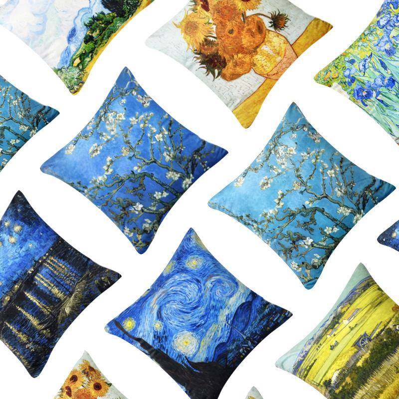 梵高抱枕被子两用艺术美式油画丝绒靠垫杏花向日葵星空靠枕