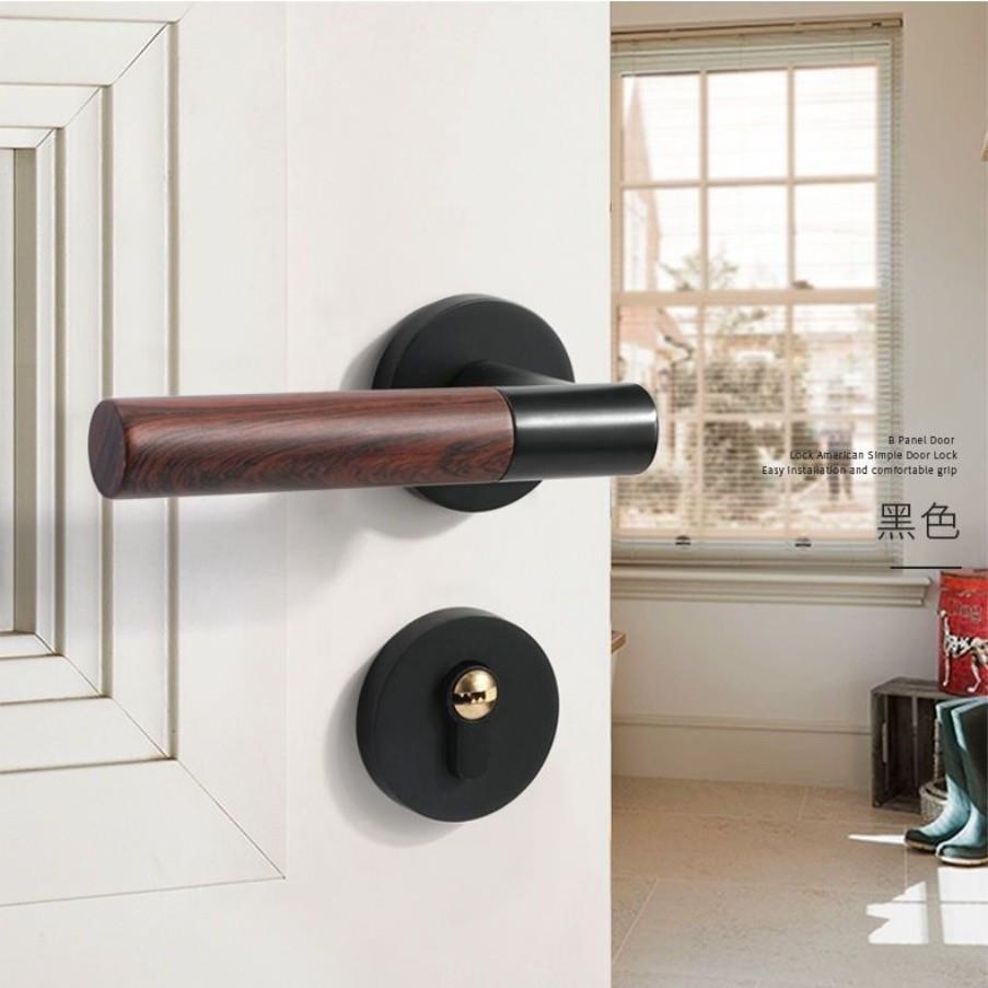 中式青古红木纹双开门卧室门锁室内实木门磁吸门把手高档轻奢门锁