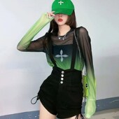 新款 高腰收肚短裤 时尚 背带牛仔短裤 渐变色清凉宽松防晒纱T恤 夏季