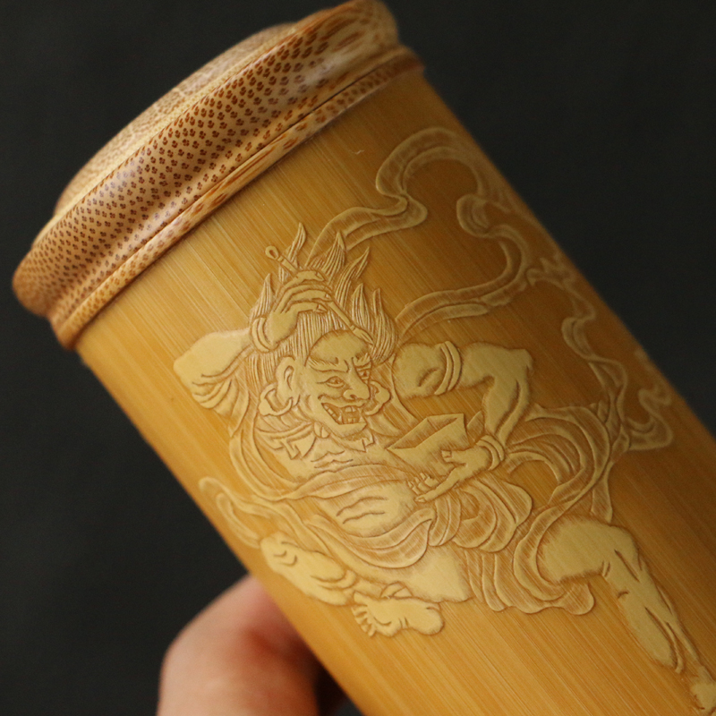 精品名家裘立钢纯手工留青雕刻魁星点斗老玉竹茶叶罐竹雕茶筒