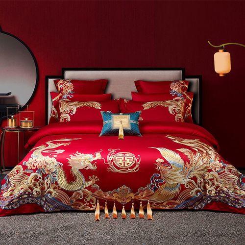 高端婚庆180S纯棉长绒棉四件套全棉结婚龙凤新中式床盖款新婚床品