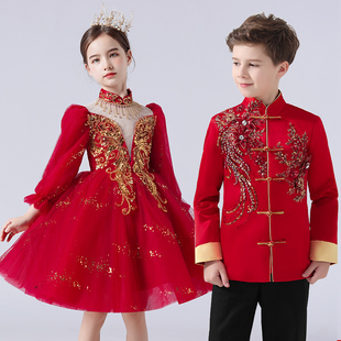 儿童合唱演出服男女童红色元旦主持人礼服中小学生表演服装公主裙