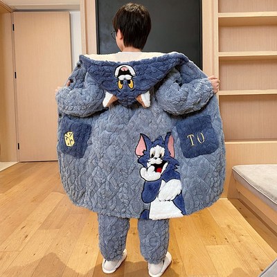 2024冬季儿童男孩睡衣珊瑚绒加厚中长款三层夹棉男童法兰绒家居服