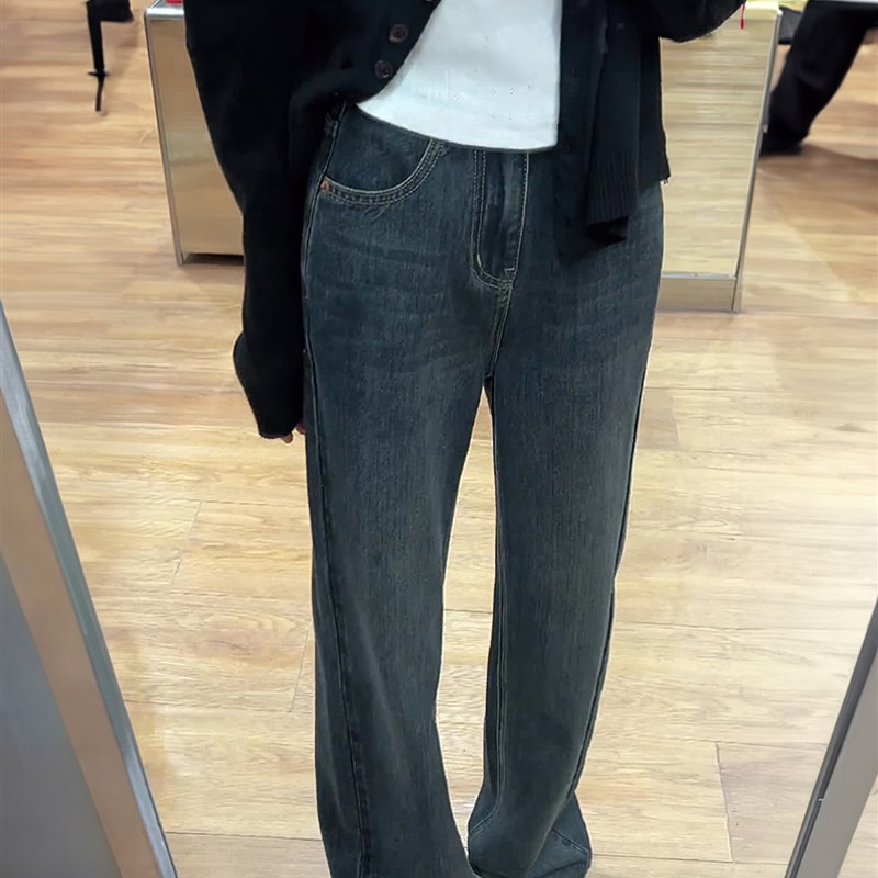 蓝灰直筒牛仔裤女秋季新款胖妹妹mm高腰显瘦阔腿长裤梨形身材裤子