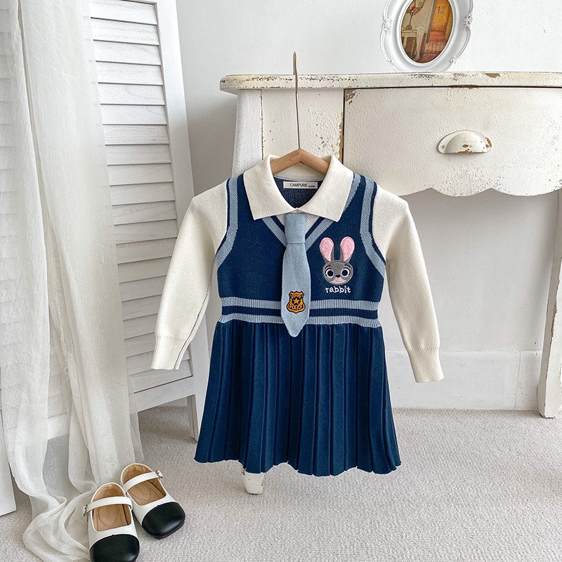学院风女童连衣裙秋冬童装兔子警官cos服儿童针织裙子卡通毛衣裙