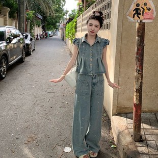 花花同学会 搭配一整套时尚 牛仔套装 夏装 两件套 女2024新款 渔小平
