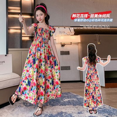 女童夏装复古风油画连衣裙2025新款中大童淑女长裙沙滩裙仙女裙潮