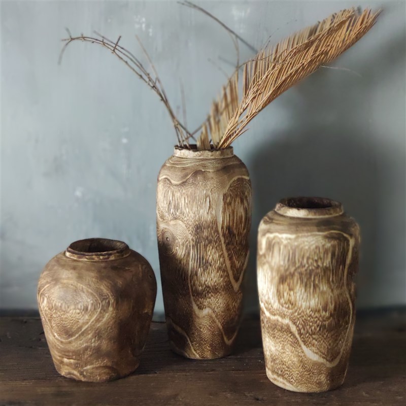 实木制做旧陶罐花瓶摆件侘寂风禅意复古插花花器中古风玄关家居设