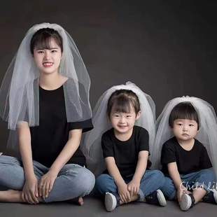 摄影亲子装网红款 全家福一家4口拍摄服装道具 拍照头纱黑白色T恤