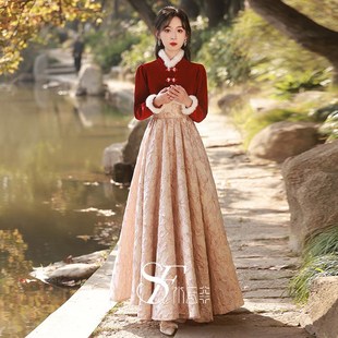 礼服女 毛绒订婚礼裙复古结婚当天便装 新娘敬酒服2024新款 秋冬厚款