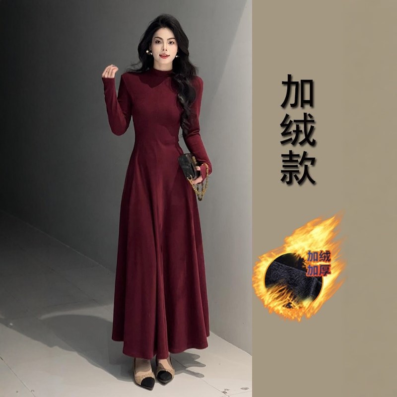 【2025新年战衣】棉加绒加厚安卡拉红修身长款连衣裙女显瘦长裙