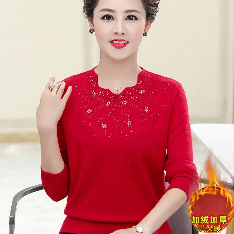 秋冬女装中老年加绒加厚羊毛衫保暖毛衣洋气妈妈宽松针织打底小衫