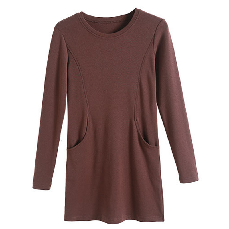 秋冬季加绒加厚中长款保暖上衣修身包臀打底衫大码长袖纯棉t恤女