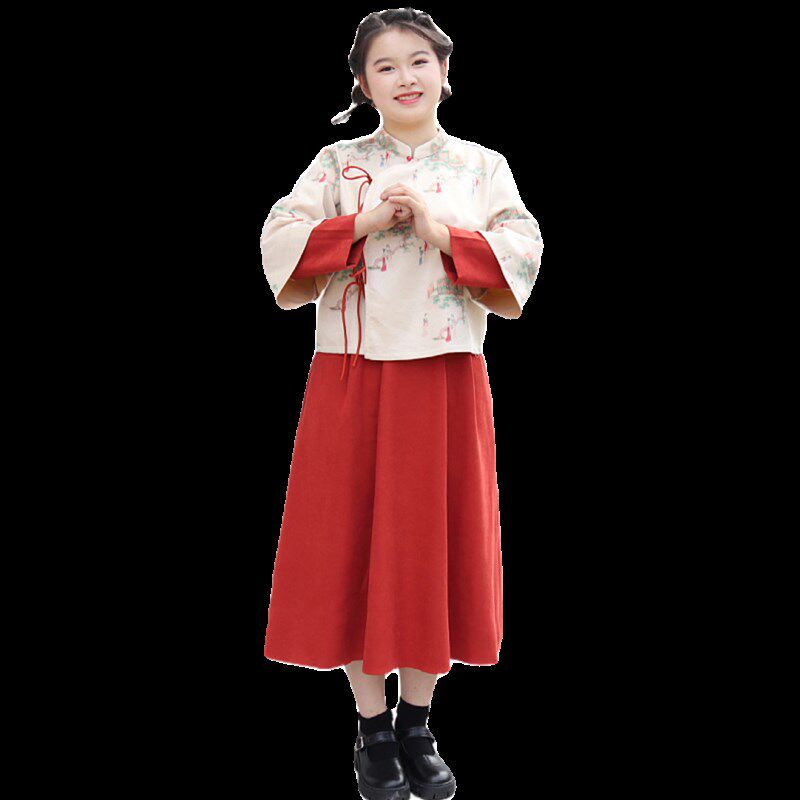胖女童汉服唐装春秋款大女孩中国风古装2024年新款裙子两件套装