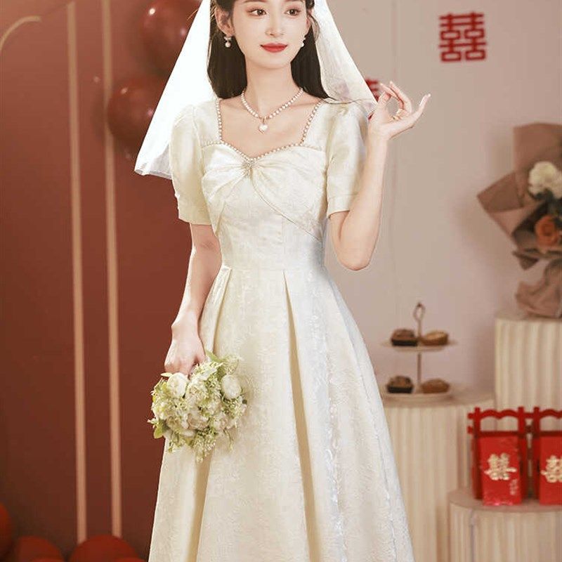 白色礼服裙女订婚连衣裙日常可穿领证登记小白裙法式裙子小个子夏