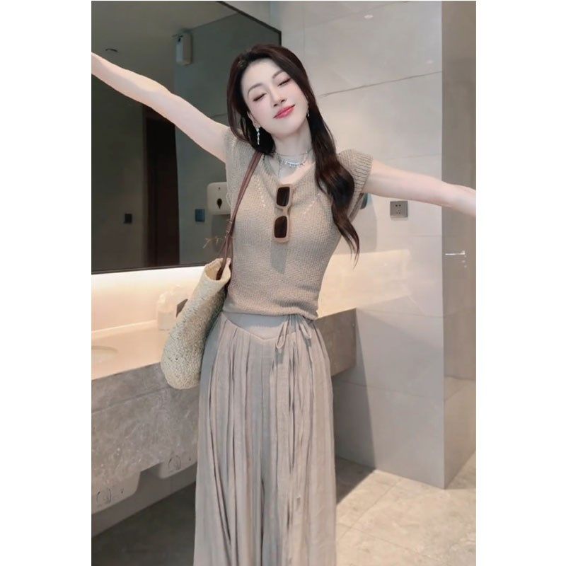 短袖针织衫垂感阔腿裤裙两件套盐系时尚休闲套装夏装搭配一整套女