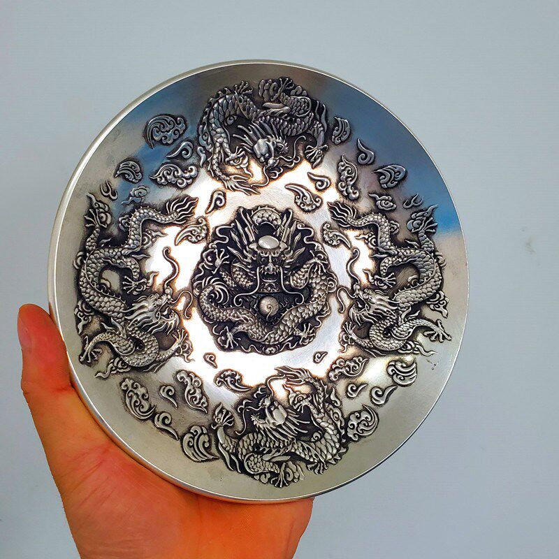摆件黄铜镀银色五龙献瑞盘子 家居新中式装饰品 酒柜工艺品 铜器
