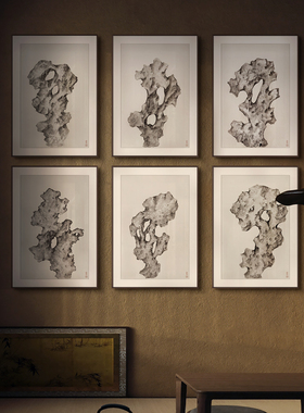 新中式茶台后面背景挂画 办公室太湖石多联装饰画 大师设计A099