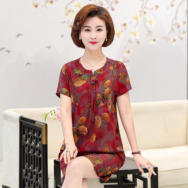 夏装棉绸薄短袖连衣裙妈妈大码宽松中长款裙子新款睡衣裙中老年女