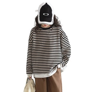 春秋条纹上衣潮 中大童洋气时髦打底衫 女童假两件卫衣2024春装 新款