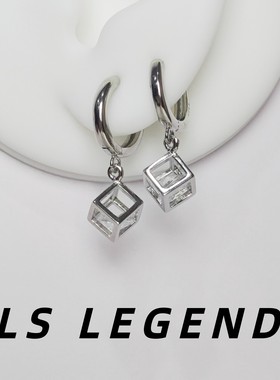 立方体锆石正方形耳环银针钻石闪亮简约长款男女独特小众立体个性