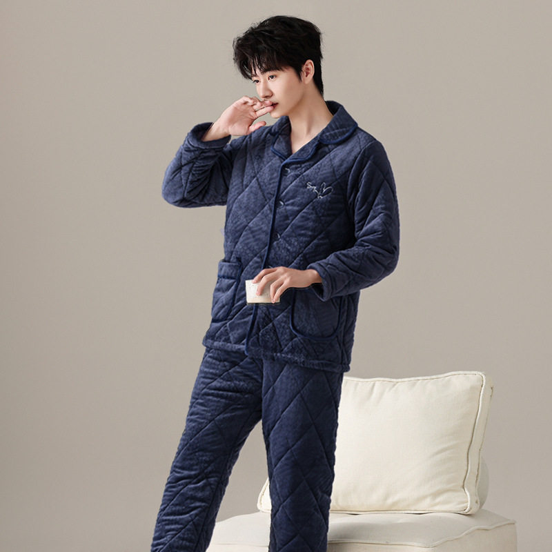 绮瑞2025新款男士珊瑚绒夹棉睡衣加绒加厚秋冬季男款加大棉袄套装